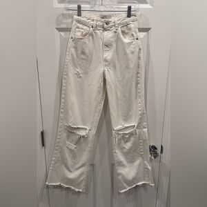 Zara White Distressed Straight Leg Jeans Crop